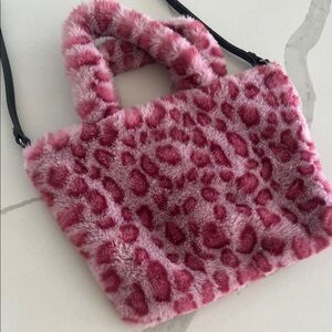 Pink Faux Fur Leopard Print Tote Bag with Removable Strap